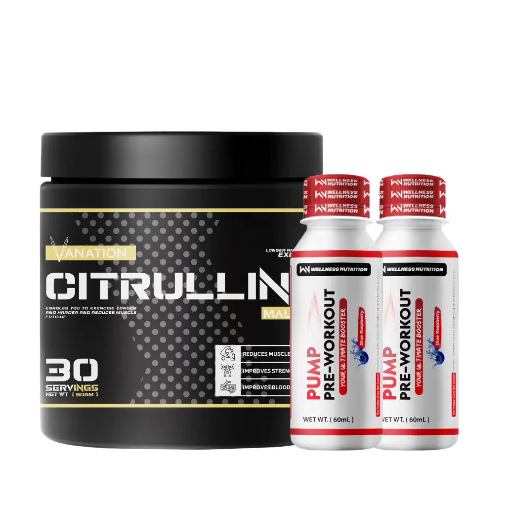 Vanation Citrulline Malate-90G-30Serv.-Unflavored+ 2xWellness Nutrition Pump Pre-Workout Shot-60Ml-BlueBerry 