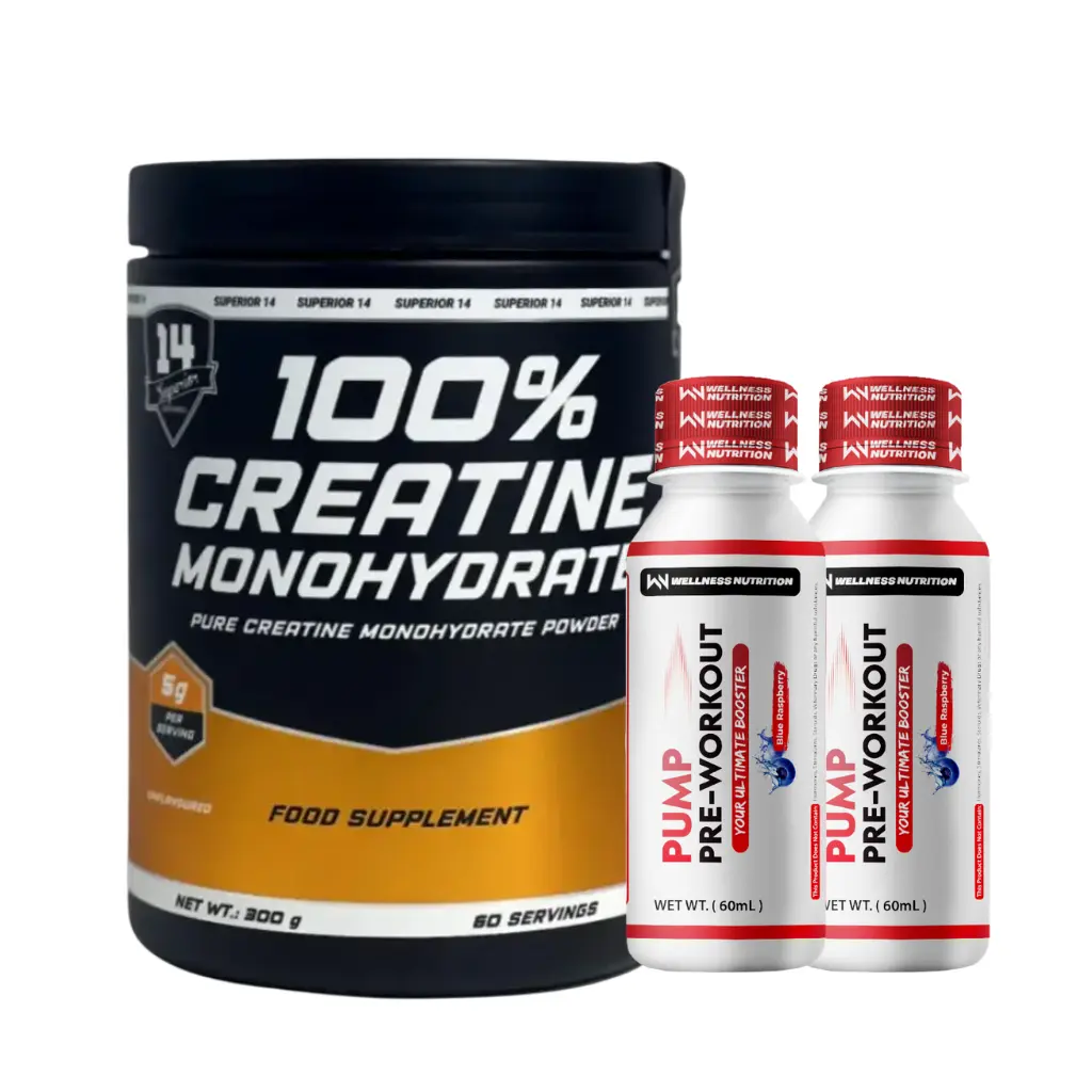 Superior14 -100% Creatine Monohydrate -300g+ 2xWellness Nutrition Pump Pre-Workout Shot-60Ml-BlueBerry 
