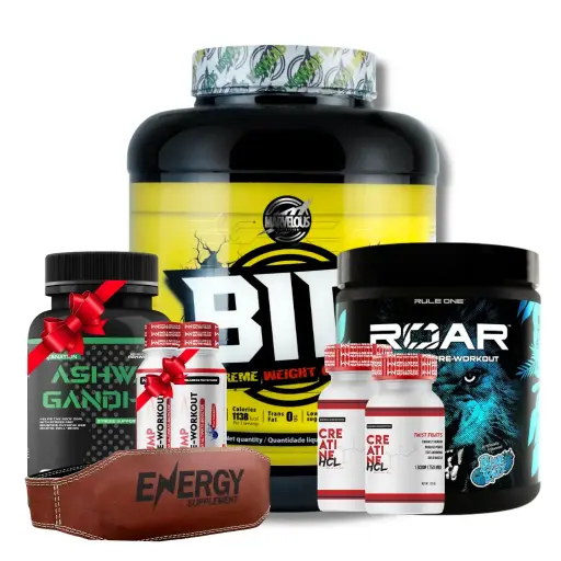 [4597865397] Marvelous Big Extreme Weight Gainer-3kg-30Serv.+Rule One ROAR Pre-Workout 30 Serv.+ 2x Wellness Nutrition-Creatine HCL-30 Serv.+ 2xWellness Nutrition Pump Pre-Workout Shot-60M +Vanation Ashwagandha-60Tablets-30Serv.+ Back belt - Energy  