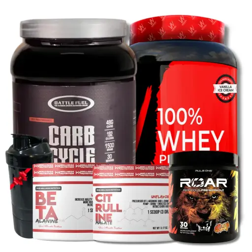 [1235698562] Rule One ROAR Pre-Workout 30 Serv.+  Vampire Nutrition Whey Protein 30serv.+ Battle Fuel Carb Cycie -30 Serv+Wellness Nutrition Beta Alanine-30 Serv.+Wellness Nutrition Citrulline Malate-30Serv.+Energy Black Smart Shaker 