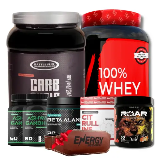 [4597865398] Vampire Nutrition Whey Protein-30 Serv.+Battle Fuel Carb Cycie -30 Serv+ Rule One ROAR Pre-Workout 30 Serv+ Wellness Nutrition Citrulline Malate-30Serv.+Vanation Beta Alanine-30Serv.+ 2xVanation Ashwagandha 30Serv.+ Back Belt - Energy  