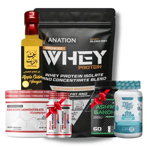 [4597865390] Vanation 100% Whey Protein-1KG-30Serv. +Wellness Nutrition Creatine Monohydrate-200G-40Serv.+ Vanation Ashwagandha-30Servings +2x Wellness Nutrition Pump Pre-Workout Shot-60M +Vitamin Nation-30Serv+Oil House-Apple Cider Vinegar-250ML 