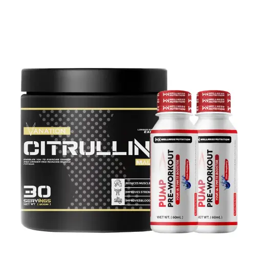 Vanation Citrulline Malate-90G-30Serv.-Unflavored+ 2xWellness Nutrition Pump Pre-Workout Shot-60Ml-BlueBerry 