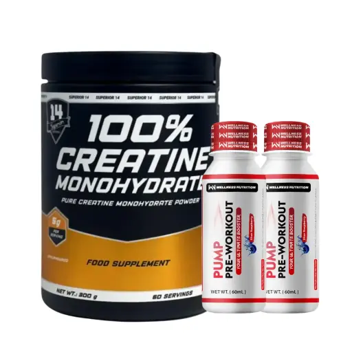 Superior14 -100% Creatine Monohydrate -300g+ 2xWellness Nutrition Pump Pre-Workout Shot-60Ml-BlueBerry 